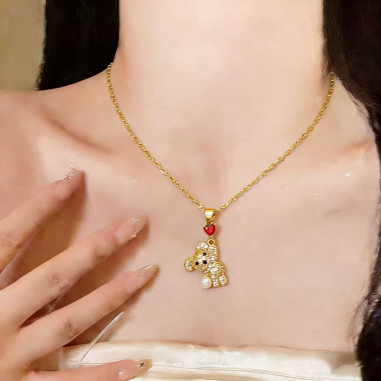 Women's Cute Heart Rhinestone Bear Pendant Necklace